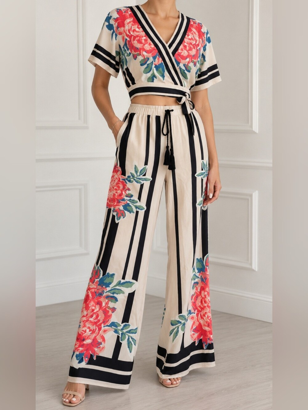 Flying Tomato Cream Two Piece Set Crop Top & Wide Leg Pants